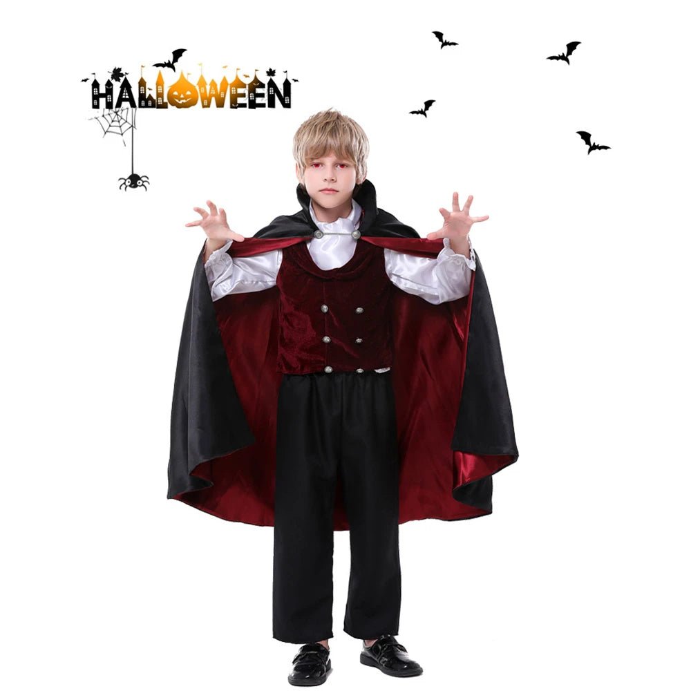 Babelio boy in Halloween vampire costume with cape and bats on white background
