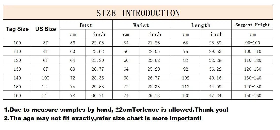Babelio kids dress size chart showing bust, waist, length, and suggested height measurements.