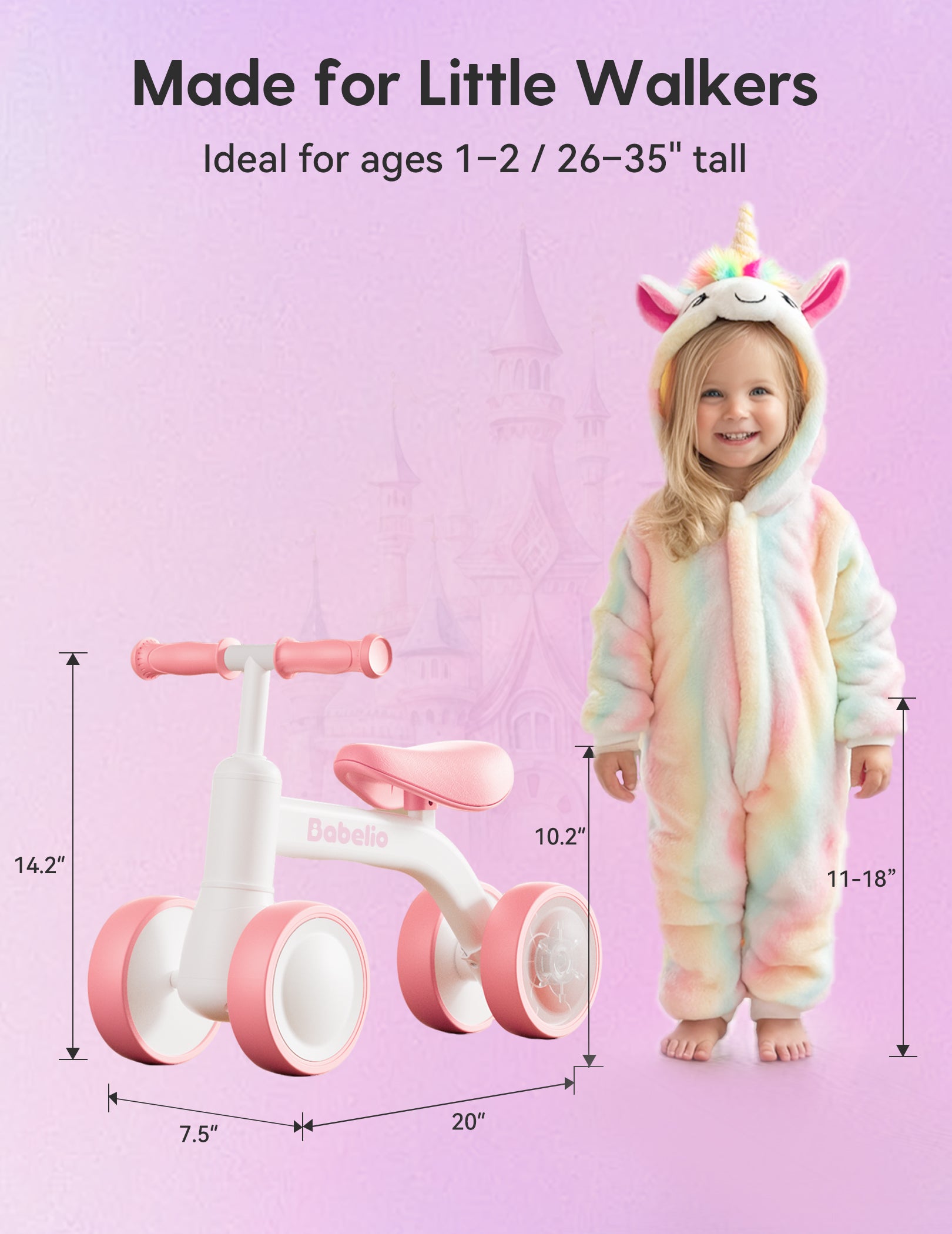 A toddler wearing a unicorn onesie standing beside a pink unicorn balance bike, showing height and size measurements for ages 1–2 on a pastel background. A cute and safe first bike designed for little walkers. From Babelio.