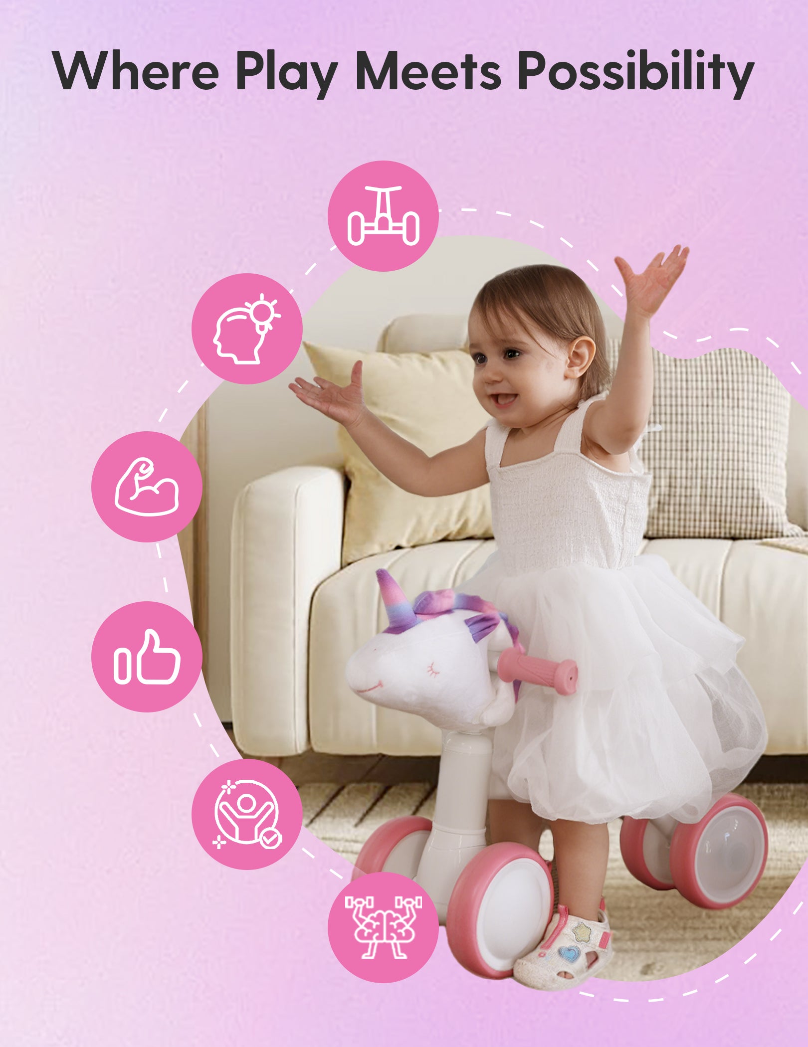 A toddler riding a pink unicorn balance bike indoors, surrounded by icons highlighting developmental benefits such as balance, coordination, and confidence. A playful and supportive first bike for young children. From Babelio.