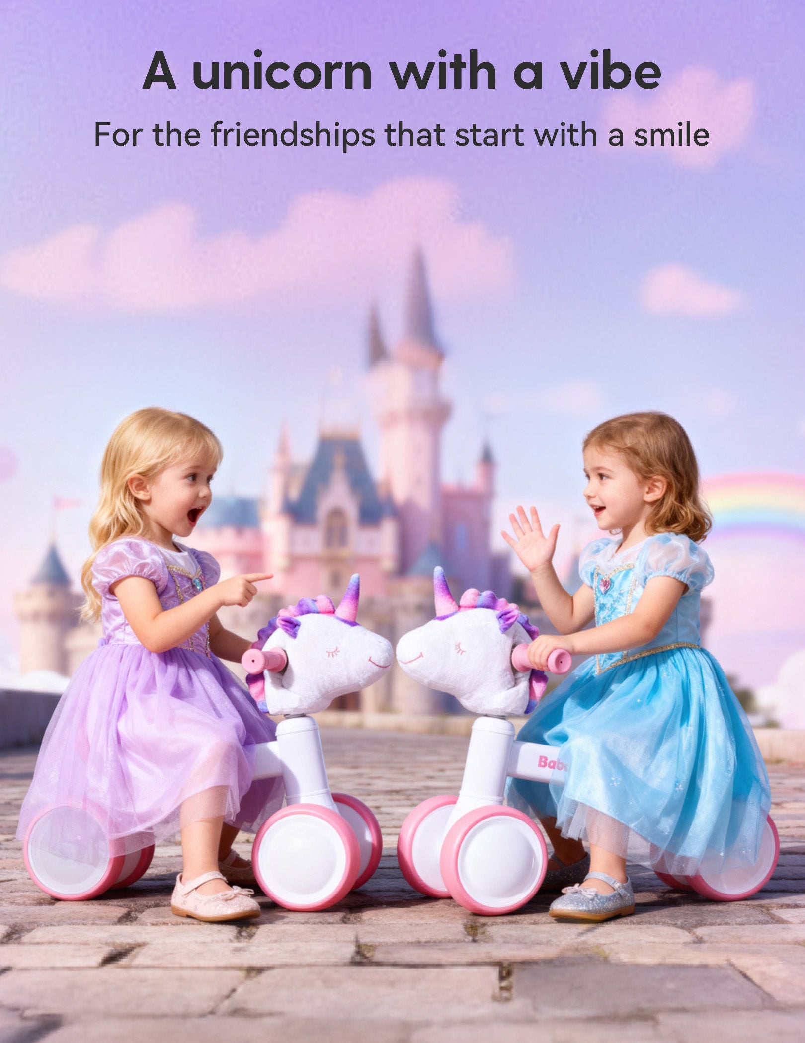 Two little girls riding pink unicorn balance bikes outdoors, smiling and playing together in front of a castle. A charming toddler gift that encourages imagination, friendship, and active play. From Babelio.