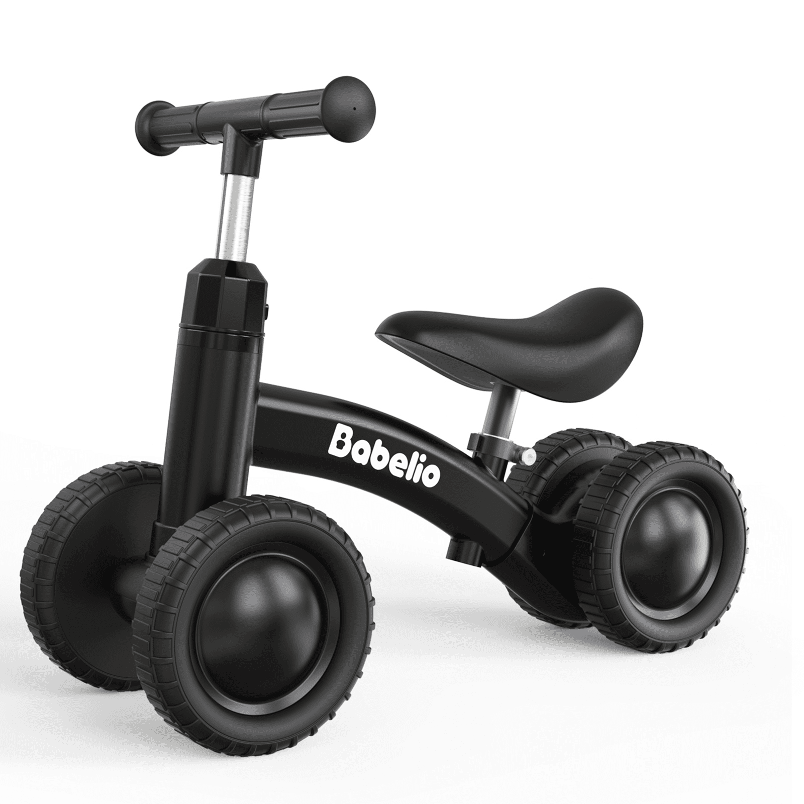 Babelio black toddler balance bike with four wheels, ideal for kids indoor or outdoor use.