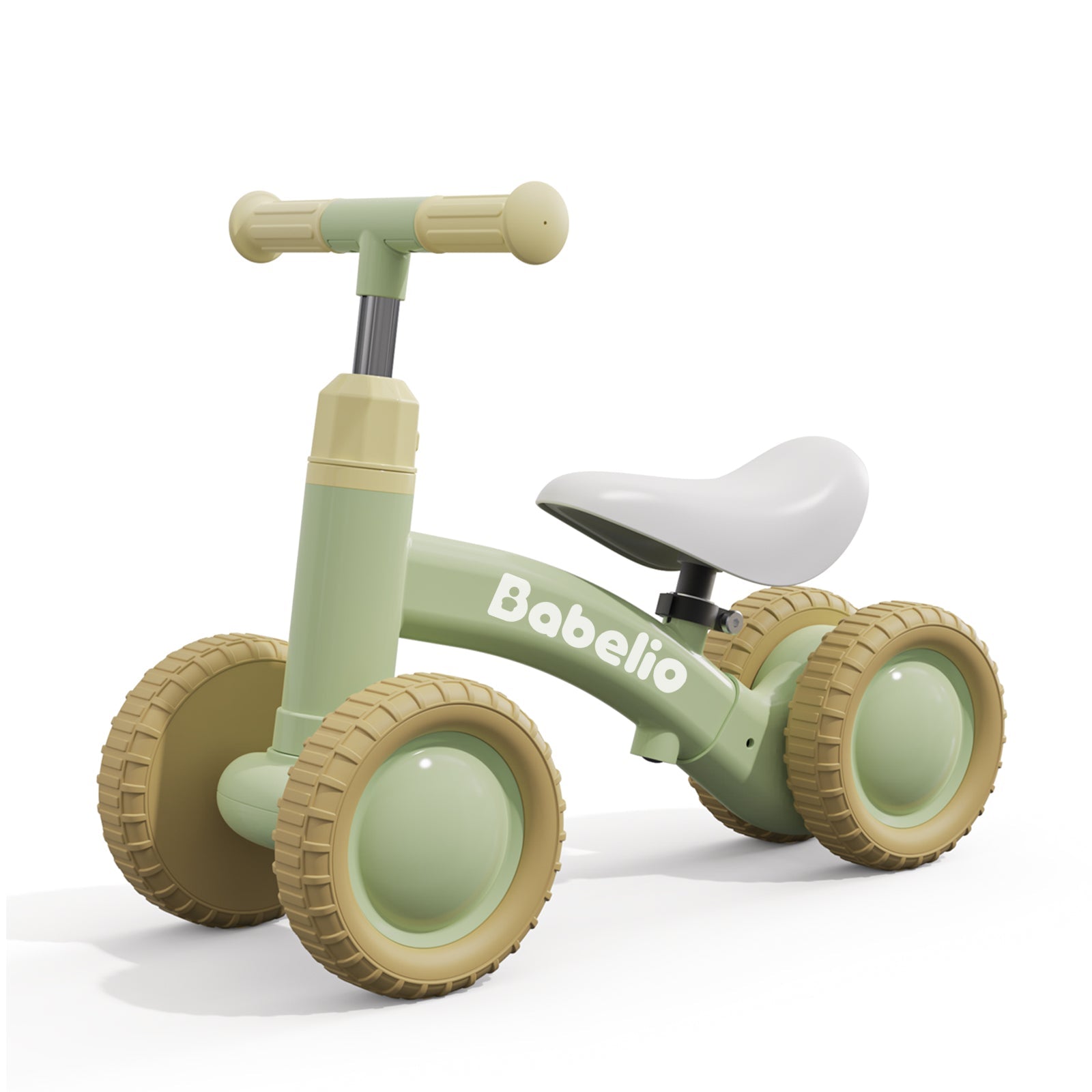 Babelio green and beige toddler balance bike with four wheels on a white background