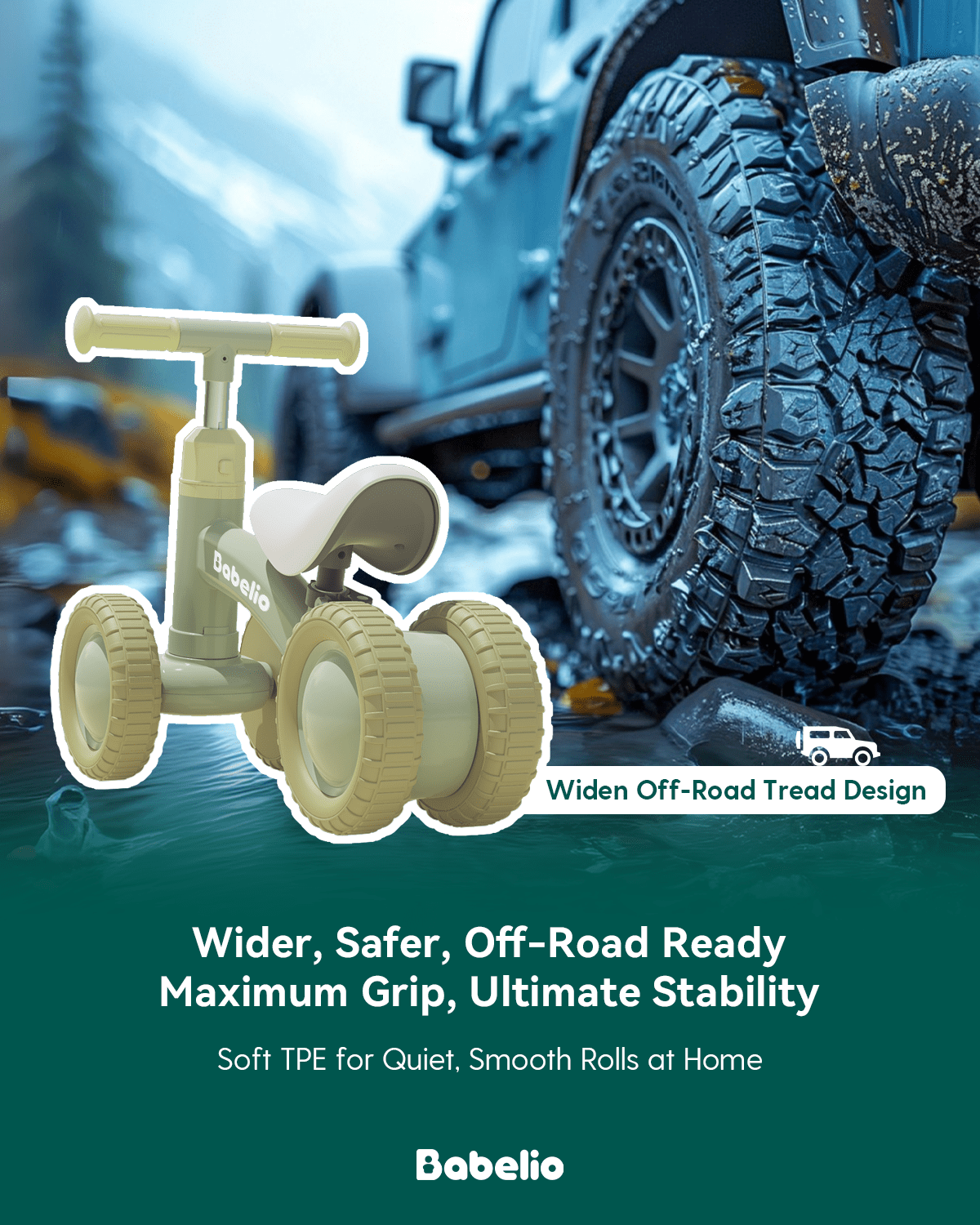 Babelio toddler balance bike with wide off-road wheels, outdoor background, durable design