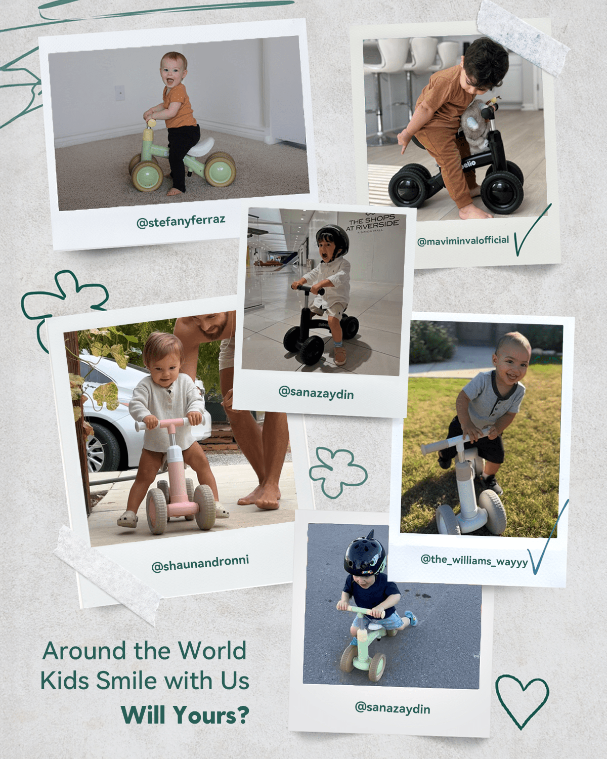 Babelio toddlers riding balance bikes in various indoor and outdoor settings, showing happy kids.