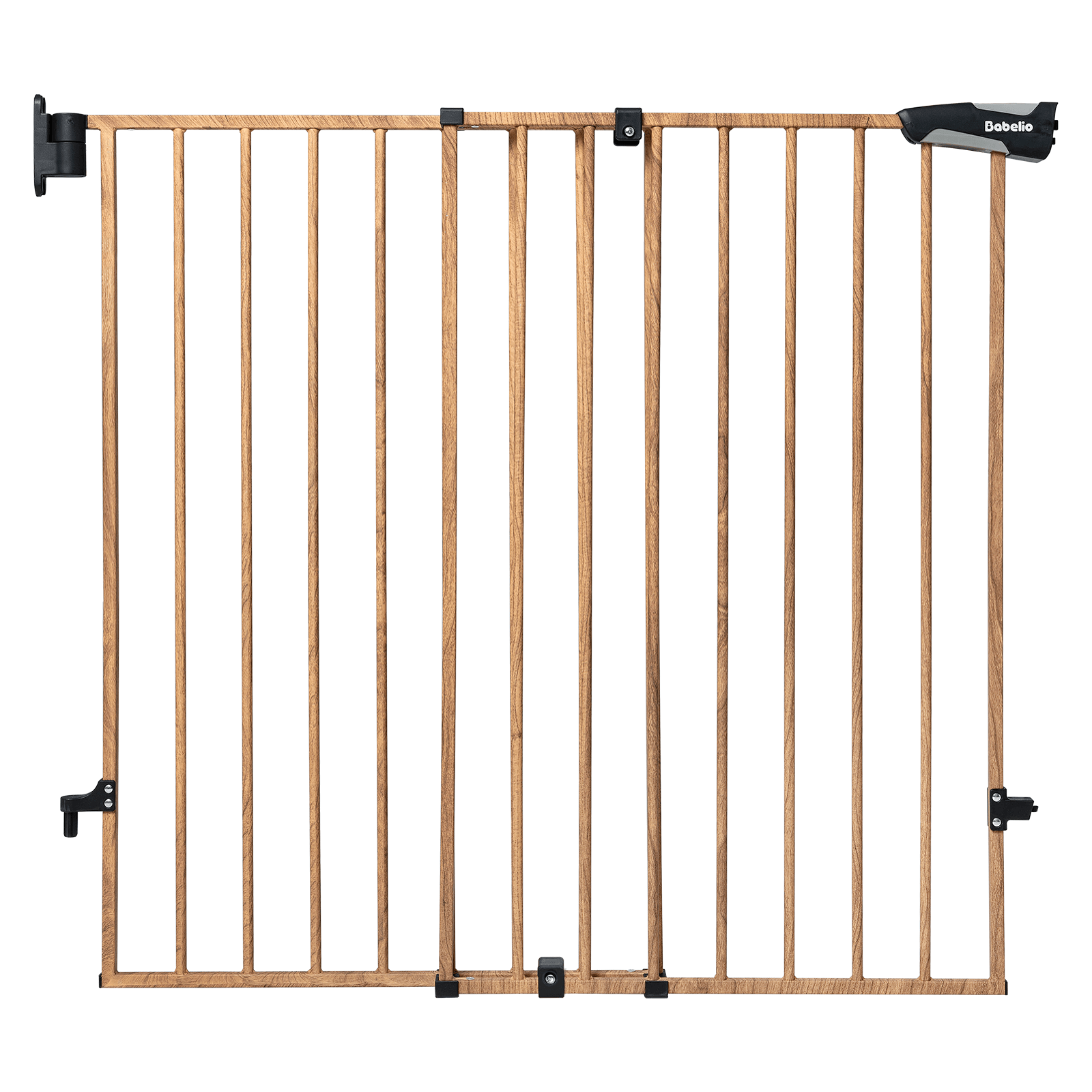 Wood pattern adjustable baby gate for stairs and doorways, 34-inch height safety gate with auto-close and double lock design, sturdy alloy frame for baby and pet safety, Babelio Boundless B17