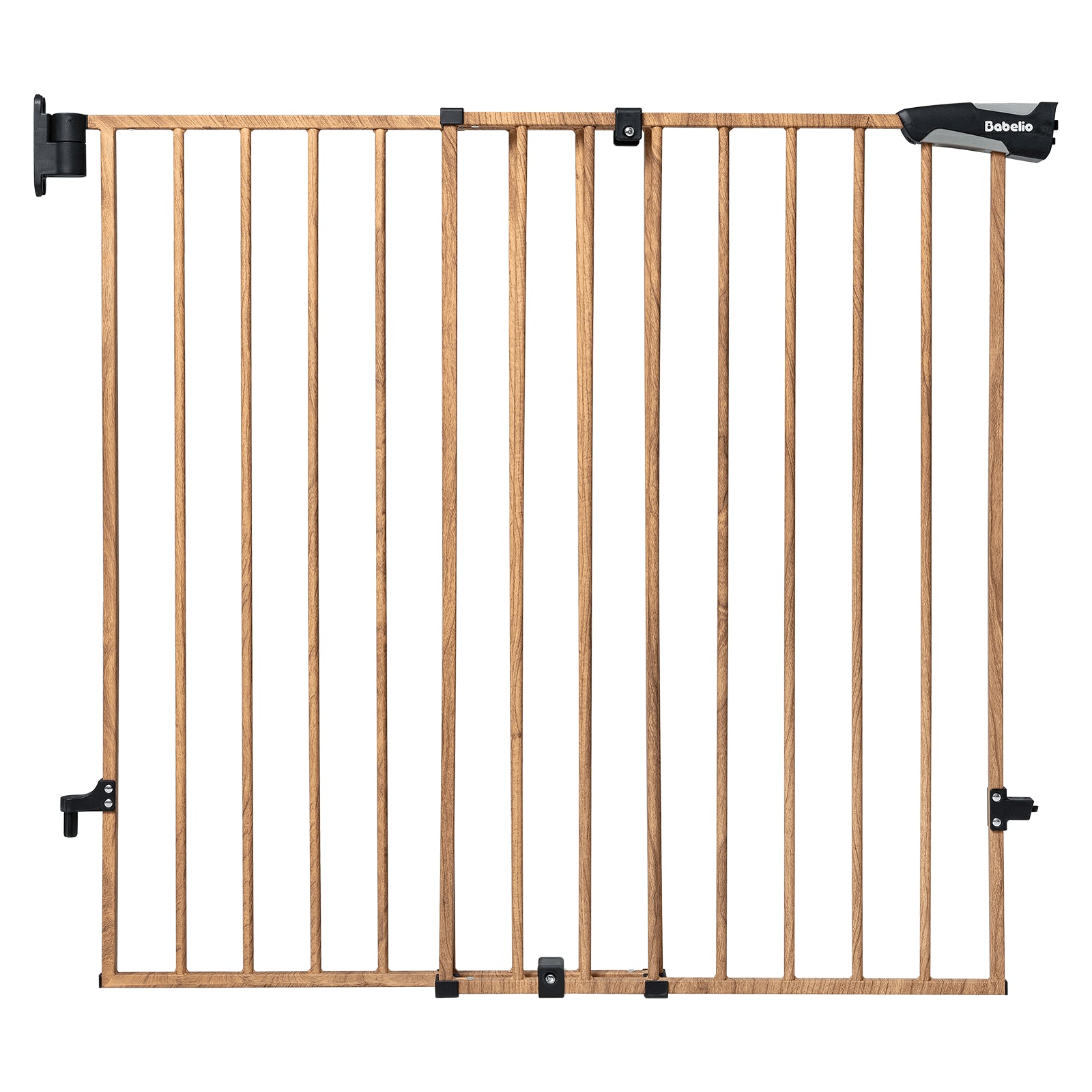 Wood pattern adjustable baby gate for stairs and doorways, 34-inch height safety gate with auto-close and double lock design, sturdy alloy frame for baby and pet safety, Babelio Boundless B17