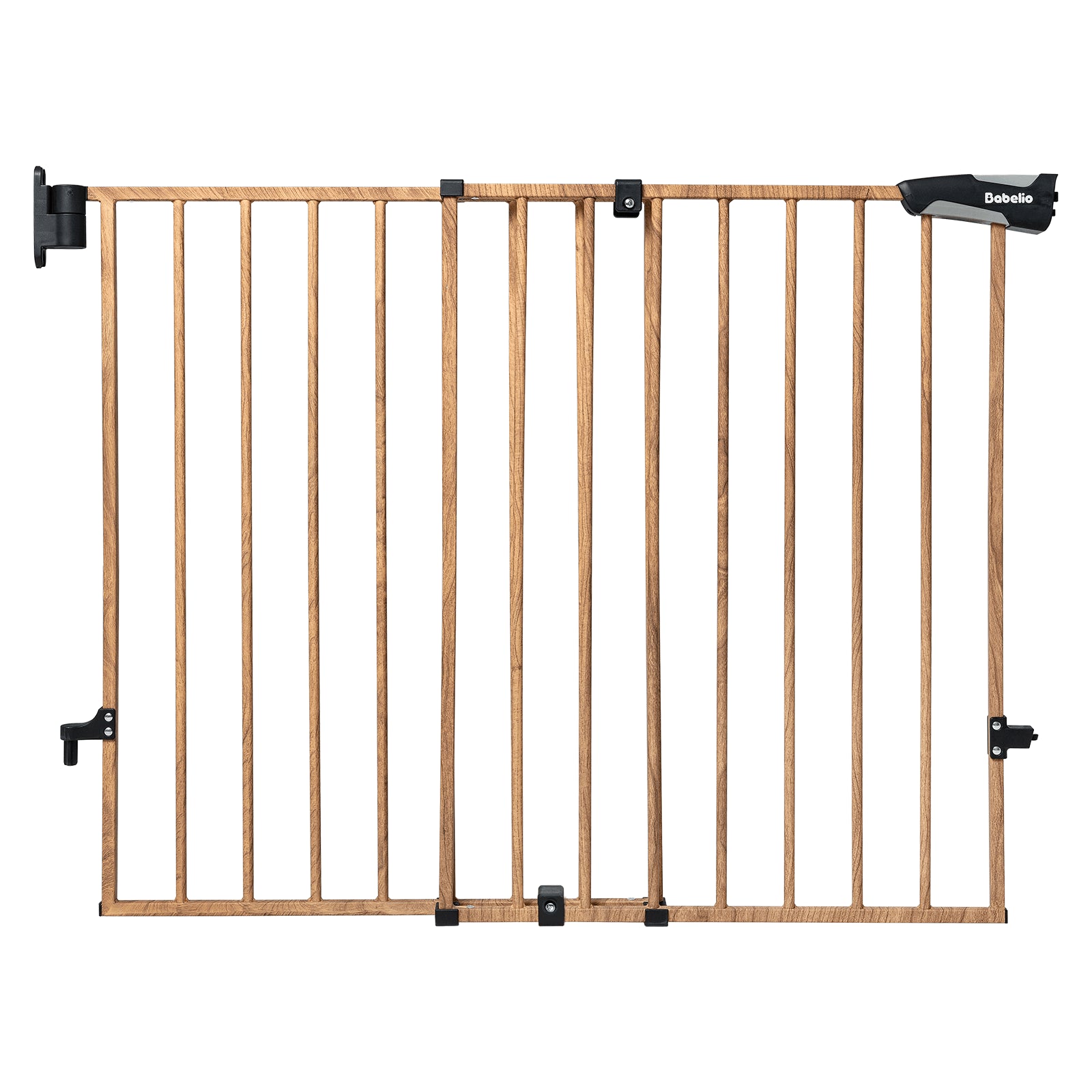 Wood pattern adjustable baby gate for stairs and doorways, durable alloy frame with auto-close and double lock design for baby and pet safety, Babelio Boundless B17 safety gate