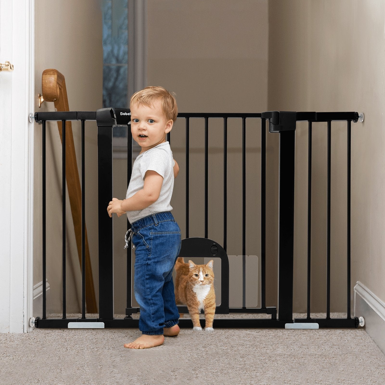 Babelio 29-48" Extra Wide Baby Gate with Adjustable Cat Door, Easy Install Pressure/Hardware Mounted Dog Gates for The House - babeliobaby