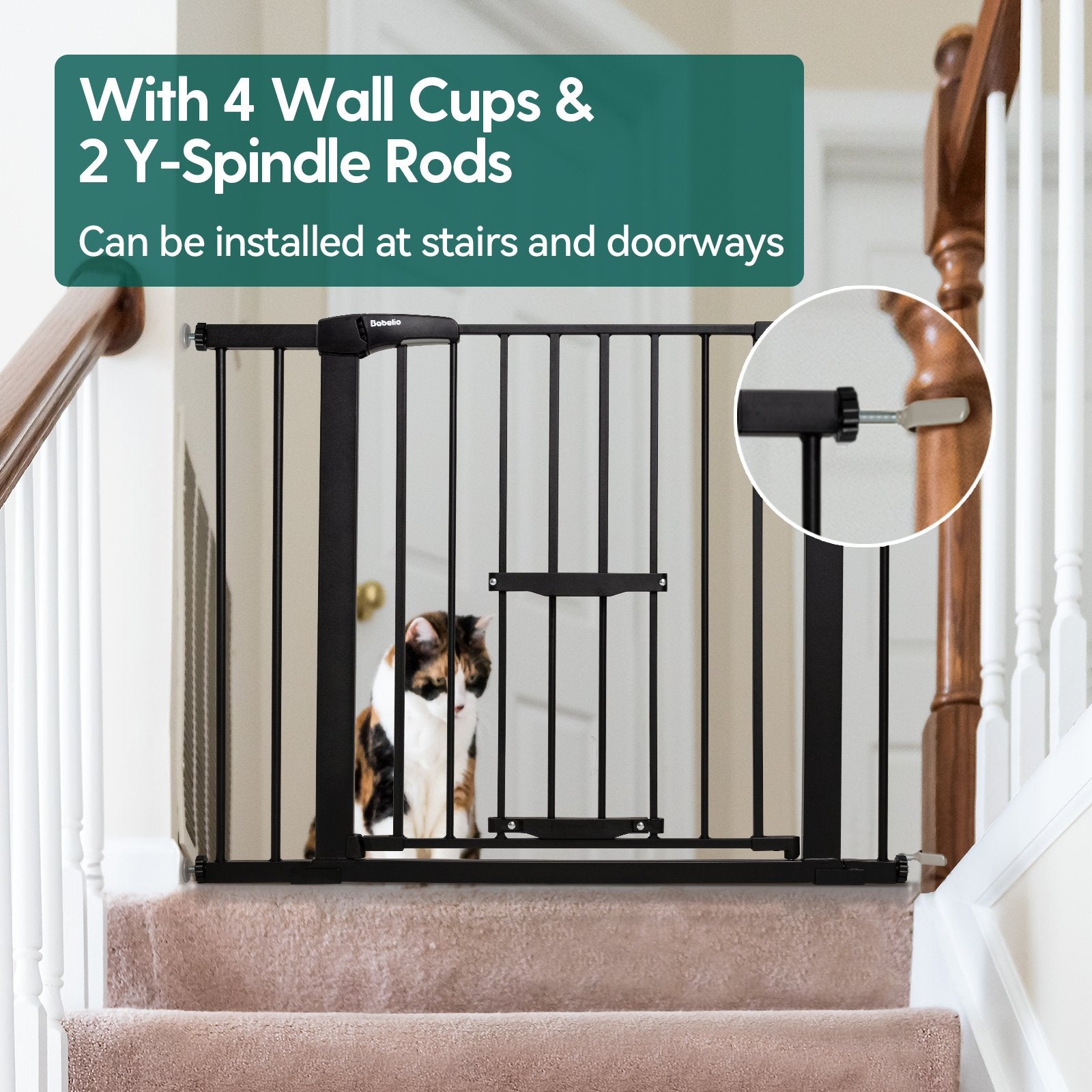 BABELIO Award-Winning Baby Gate with Cat Door, 29-40" Metal Safety Gate for Stairs & Doorways, Tool-Free Installation (30" Tall) - babeliobaby