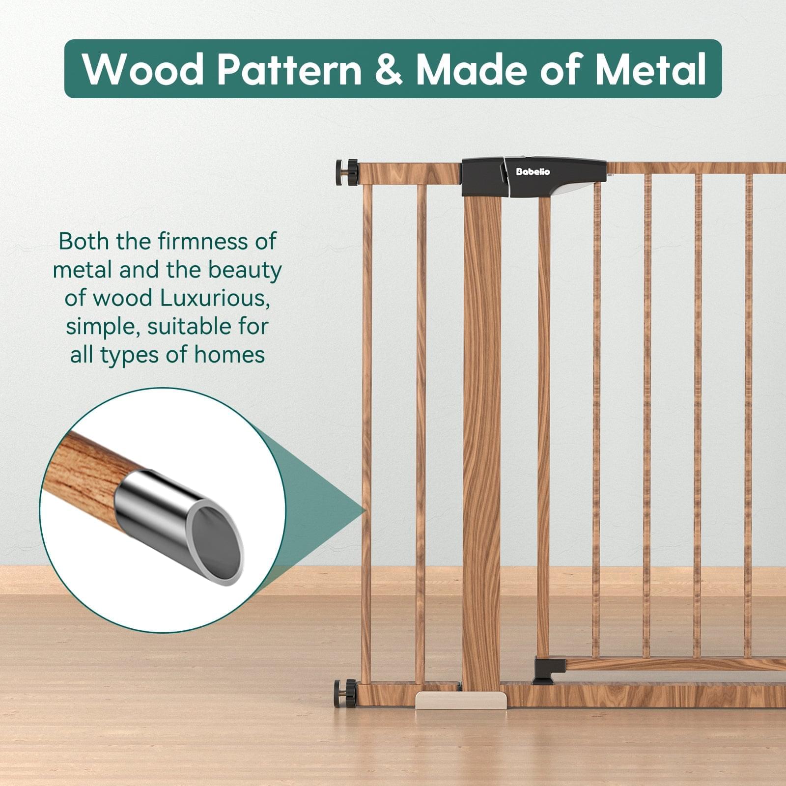 Babelio Baby Metal Gate Extension with Wood Pattern, 5.5''(14 cm) Extra Wide Pet Gate for Stairs & Doorways, Pressure Mounted Dog Gate, 28" Tall - babeliobaby