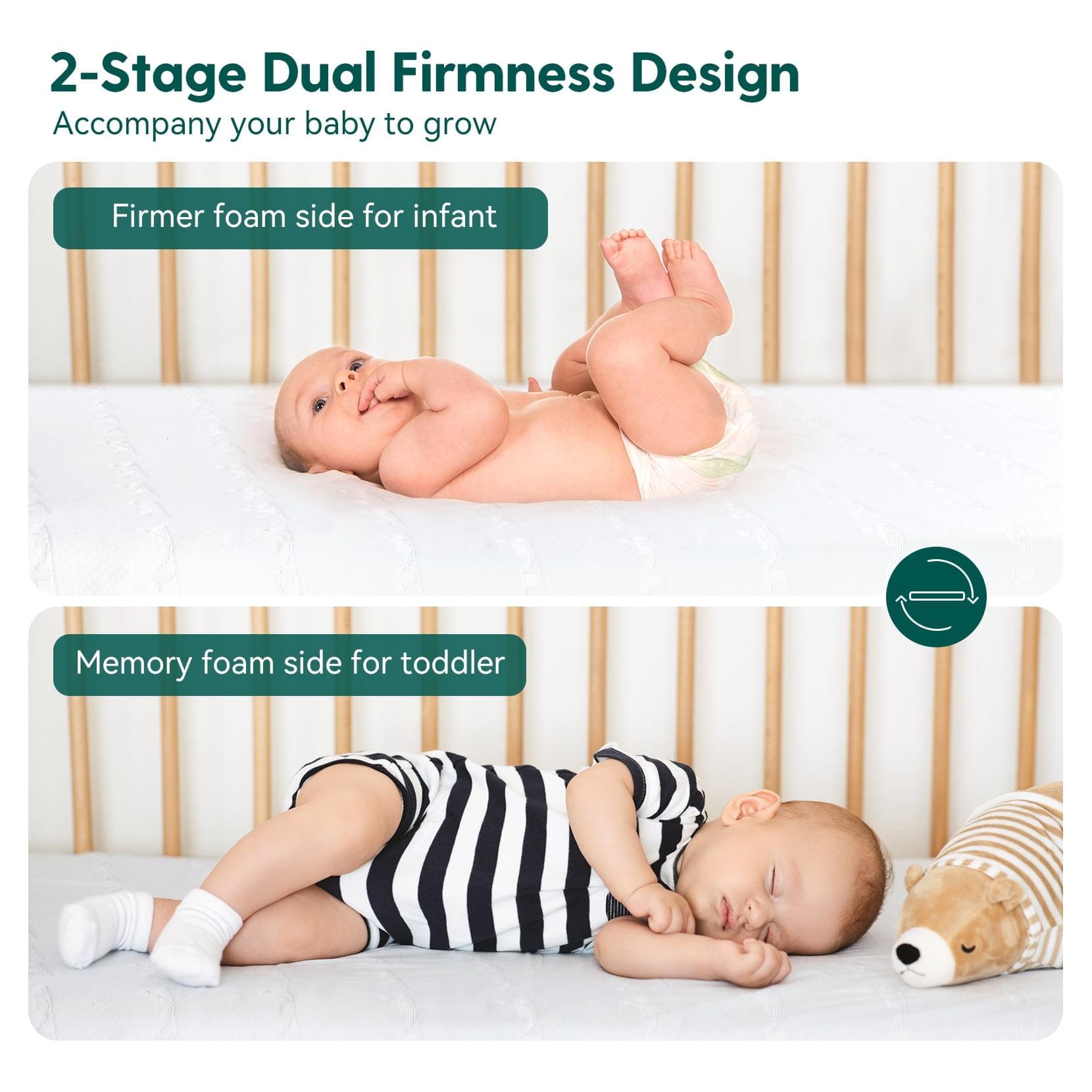 Babelio crib mattress with infant and toddler in a nursery, dual firmness design featured.