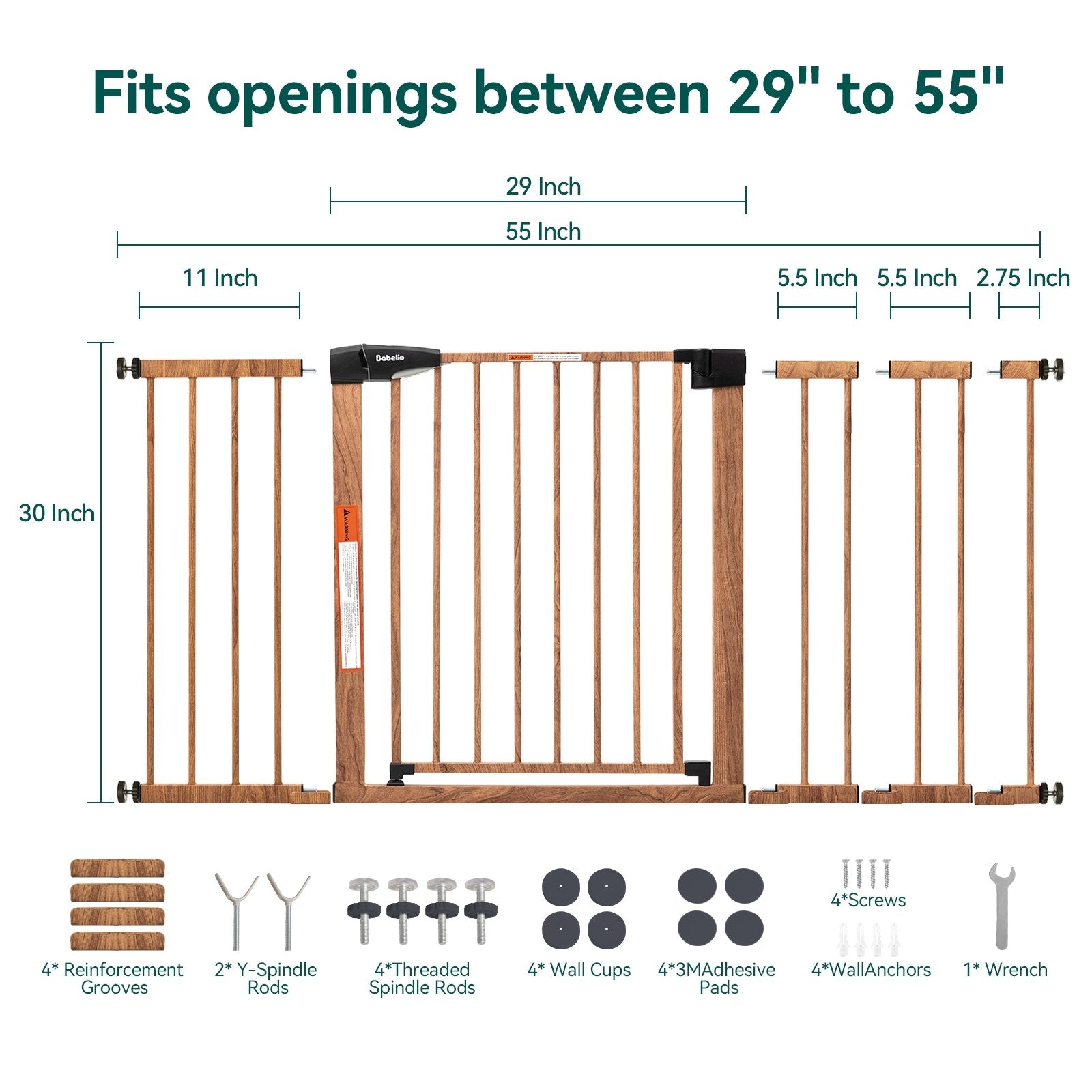 Babelio Metal Baby Gate with Wood Pattern, Easy Install Pressure Mounted Dog Gate, No Drilling, No Tools Required - babeliobaby