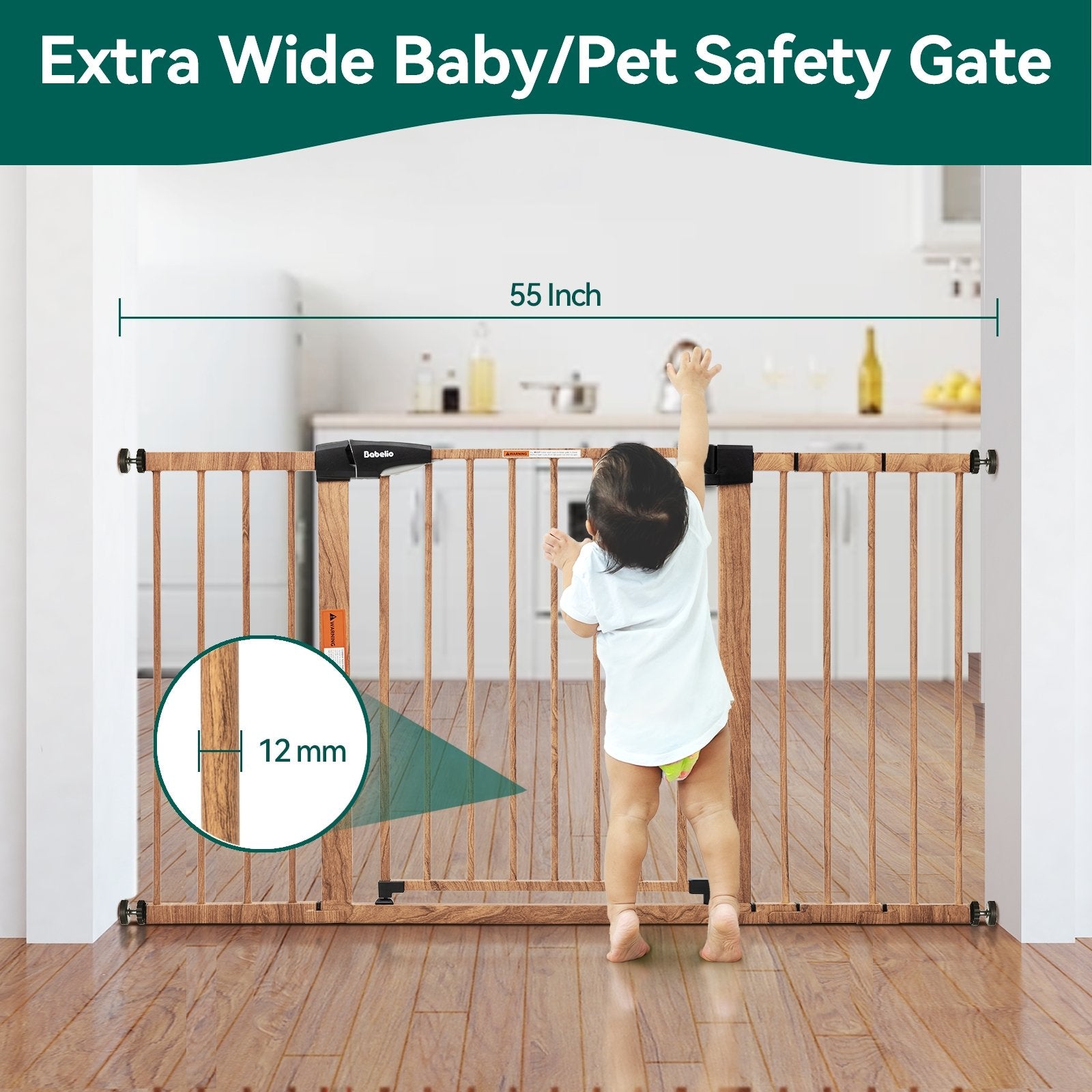 Babelio Metal Baby Gate with Wood Pattern, Easy Install Pressure Mounted Dog Gate, No Drilling, No Tools Required - babeliobaby