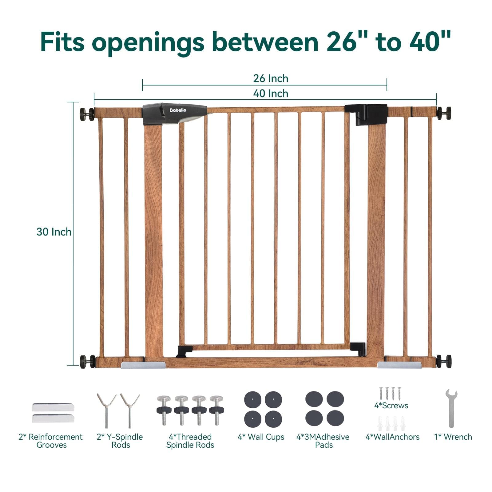 Babelio Metal Baby Gate with Wood Pattern, Easy Install Pressure Mounted Dog Gate, No Drilling, No Tools Required - babeliobaby