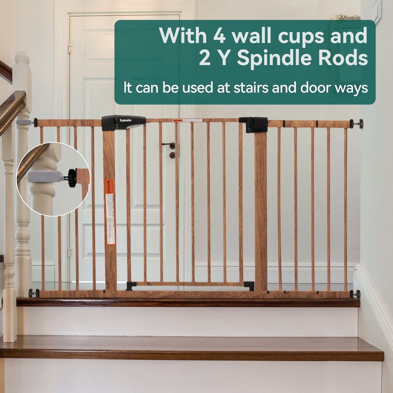 Babelio Metal Baby Gate with Wood Pattern, Easy Install Pressure Mounted Dog Gate, No Drilling, No Tools Required - babeliobaby