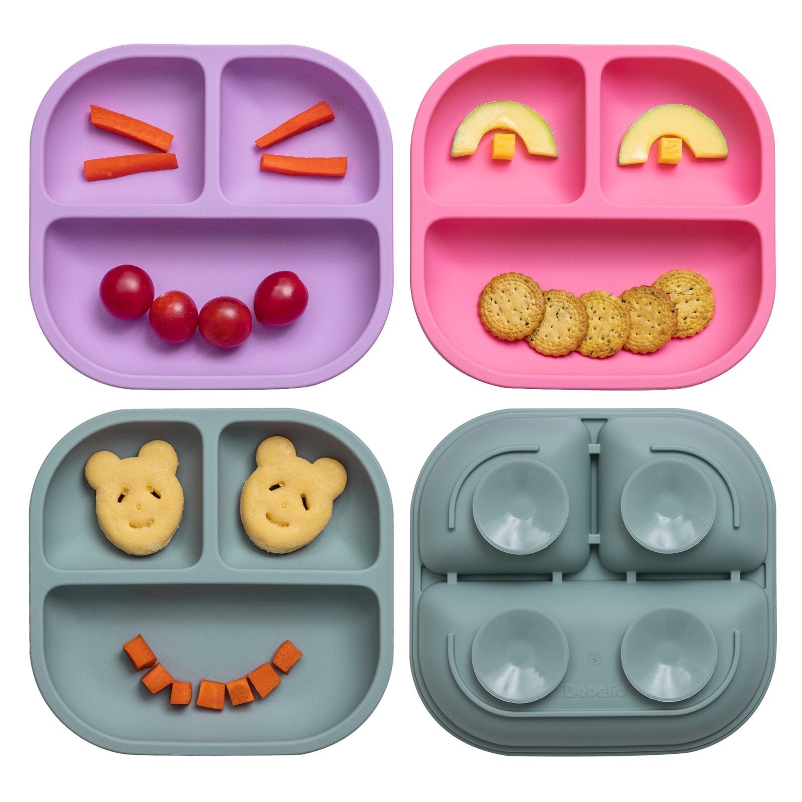 Babelio silicone suction plates for baby and toddler, colorful 3-pack with food, top view