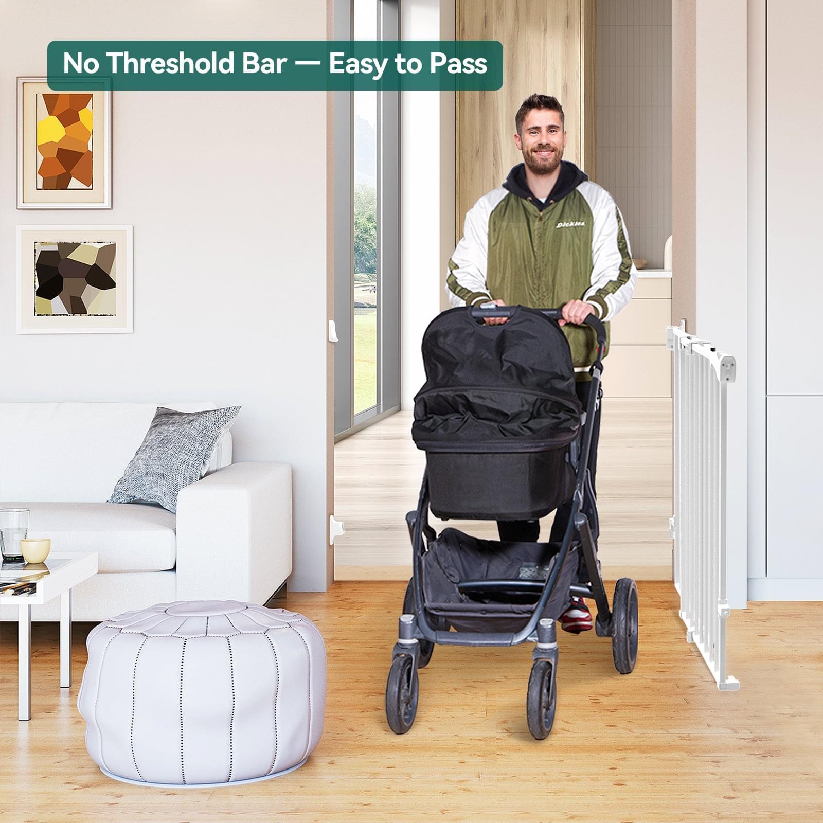 Man pushing a stroller through a baby gate no bottom bar for stairs, adjustable auto close design safe for children and pets, Babelio Boundless B17