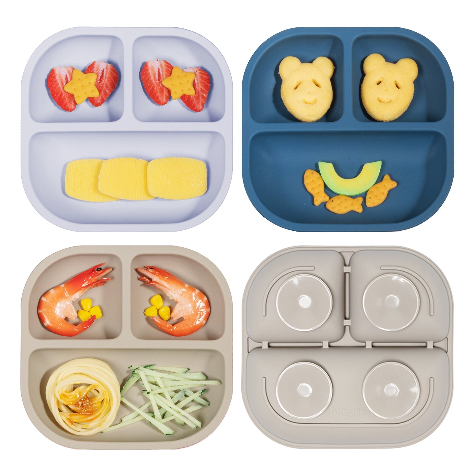 Babelio silicone suction plates for babies and toddlers, 3-pack, shown with food, top view
