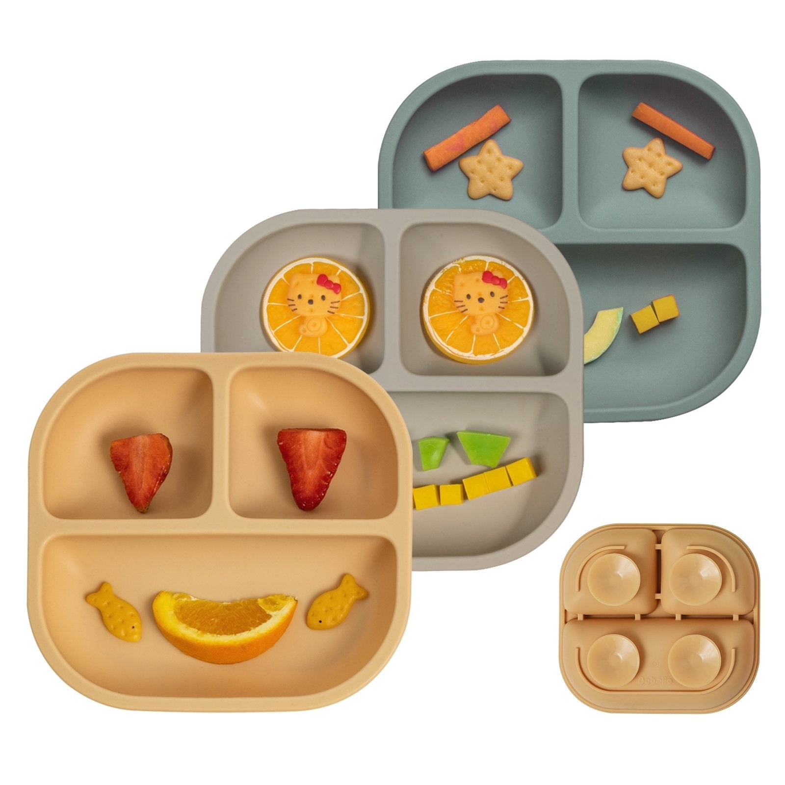 Babelio silicone suction plates for babies and toddlers, three pack, colorful, with food compartments