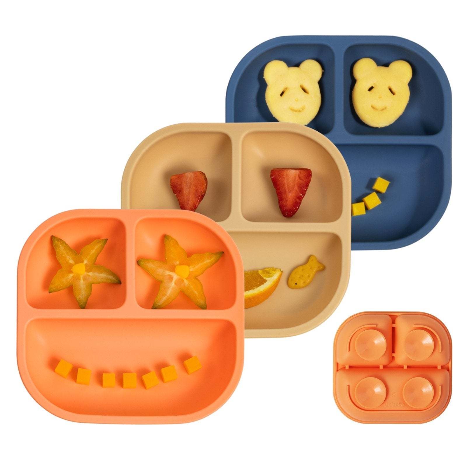 Babelio silicone suction plates for babies, 3-pack in orange, beige, and blue, with smiley food layouts.