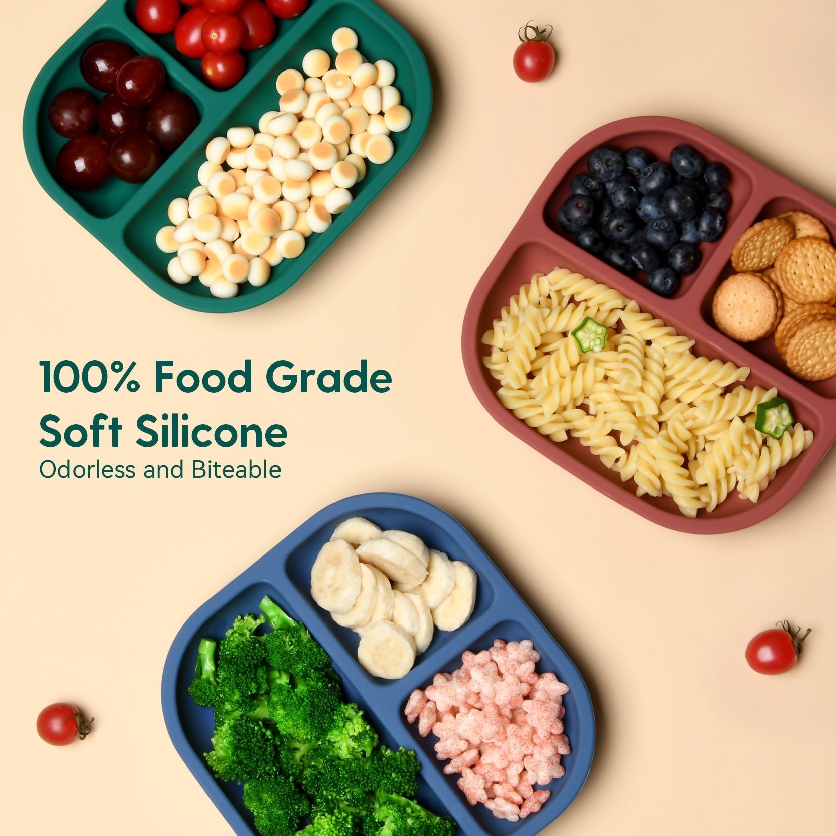 Babelio silicone suction plates for baby, divided with snacks and fruit, on a beige tabletop.