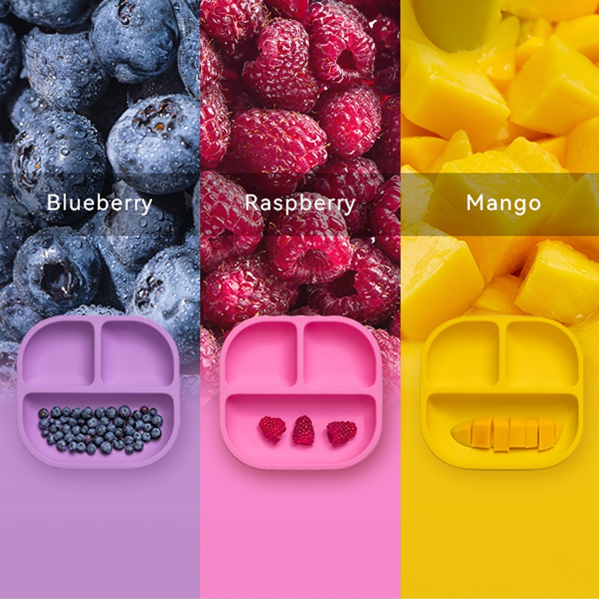 Babelio silicone baby suction plates in blueberry, raspberry, and mango colors with matching fruit