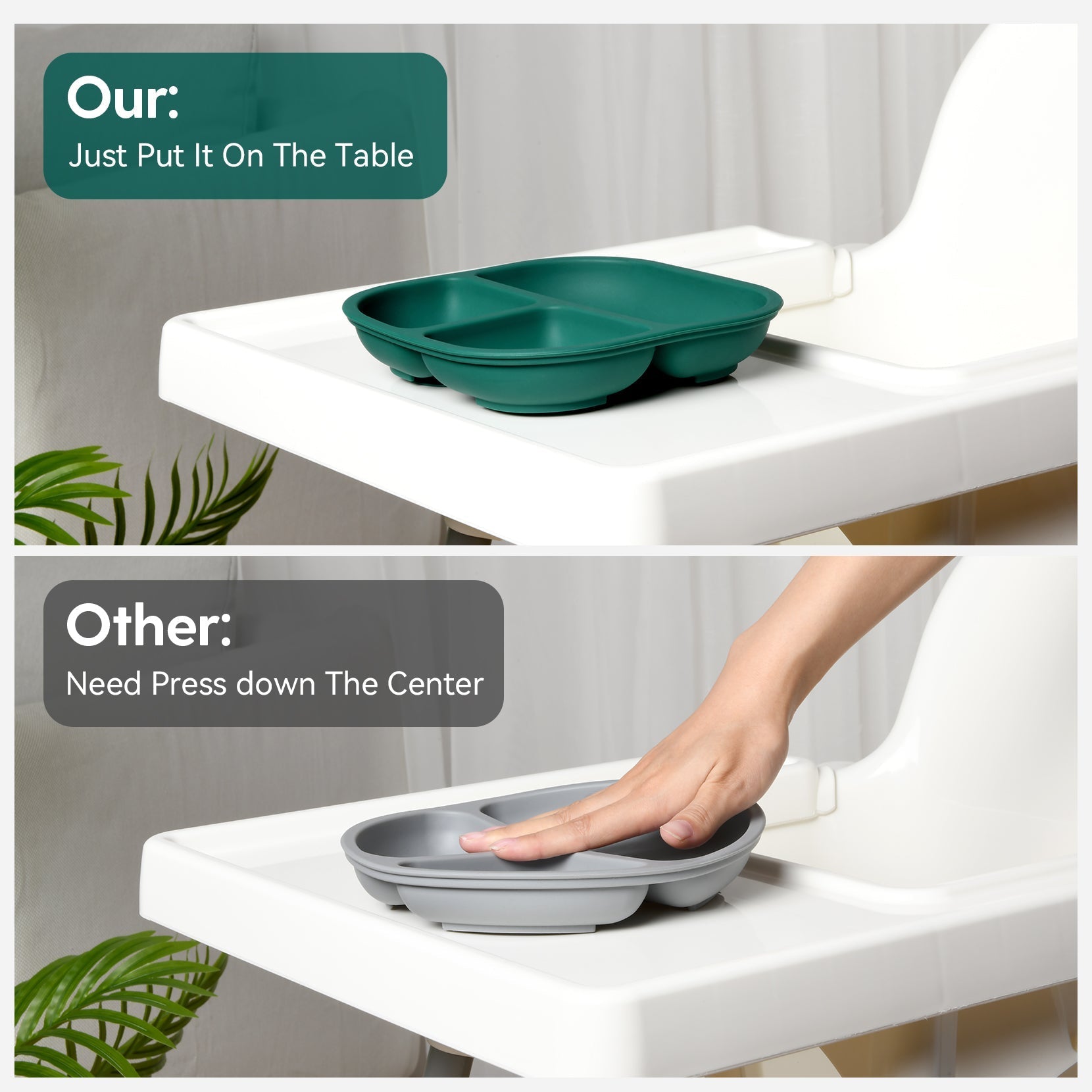 Babelio baby suction plates on a high chair tray in a dining room setting, easy to use design.