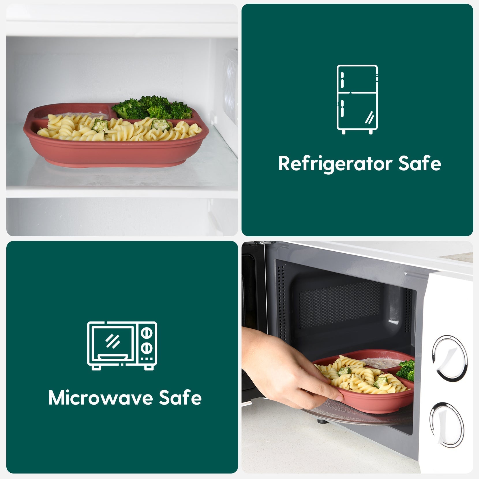 Babelio silicone baby suction plate with food, refrigerator and microwave safe features shown.