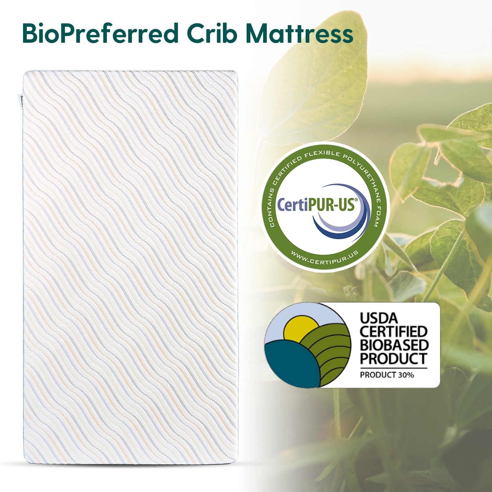 Babelio organic crib mattress with CertiPUR-US and USDA Biobased certifications in nursery setting