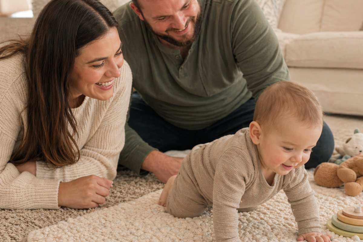 Babelio baby safety gate in nursery with happy family playing on rug