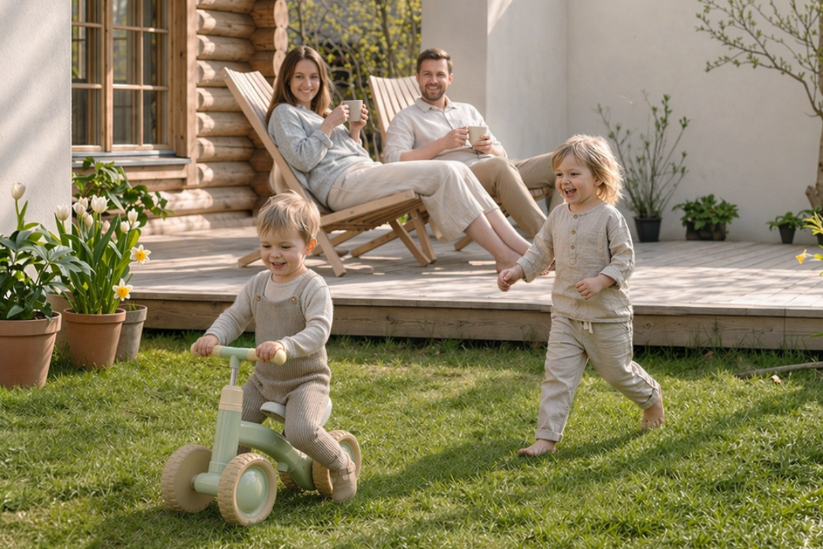 Babelio baby safety gate in outdoor nursery setting with family enjoying lawn