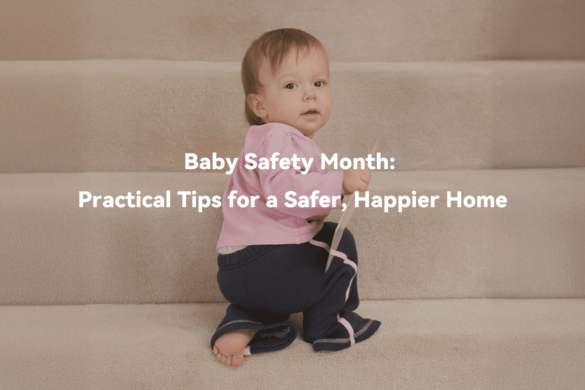 Babelio baby sitting on carpeted stairs, promoting baby safety gate for safer home