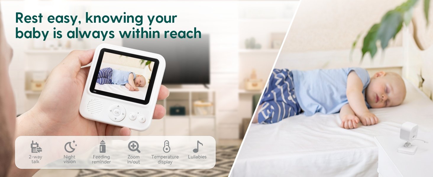 Babelio baby monitor showing sleeping infant in nursery, modern secure baby room