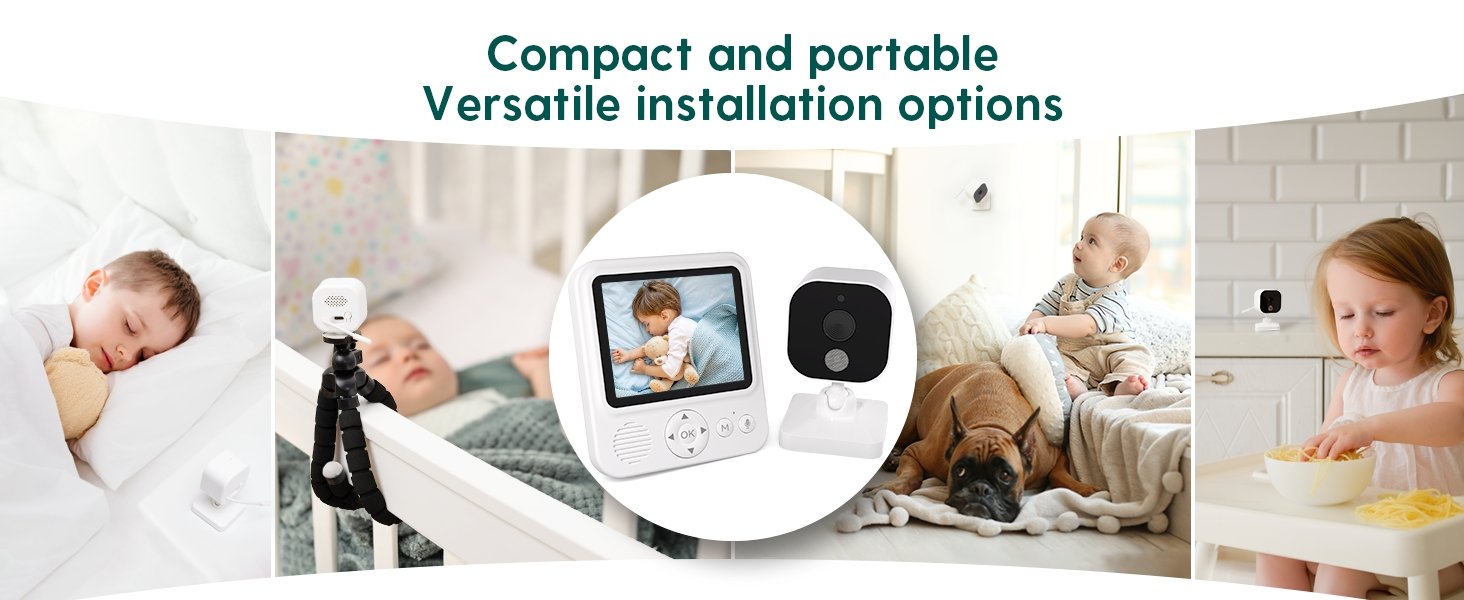 Babelio baby monitor with camera in nursery, living room, and kitchen settings for child safety.