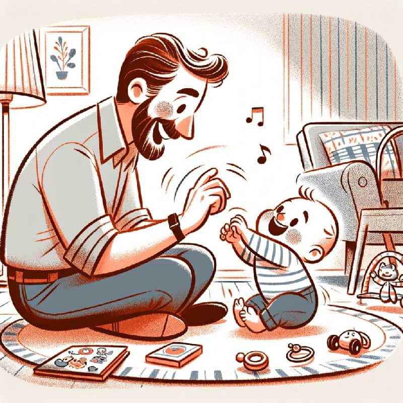 Babelio dad and baby playing on nursery floor with toys, highlighting family bonding time.