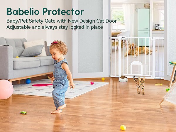 Babelio baby safety gate with cat door installed in living room, toddler and cat playing nearby