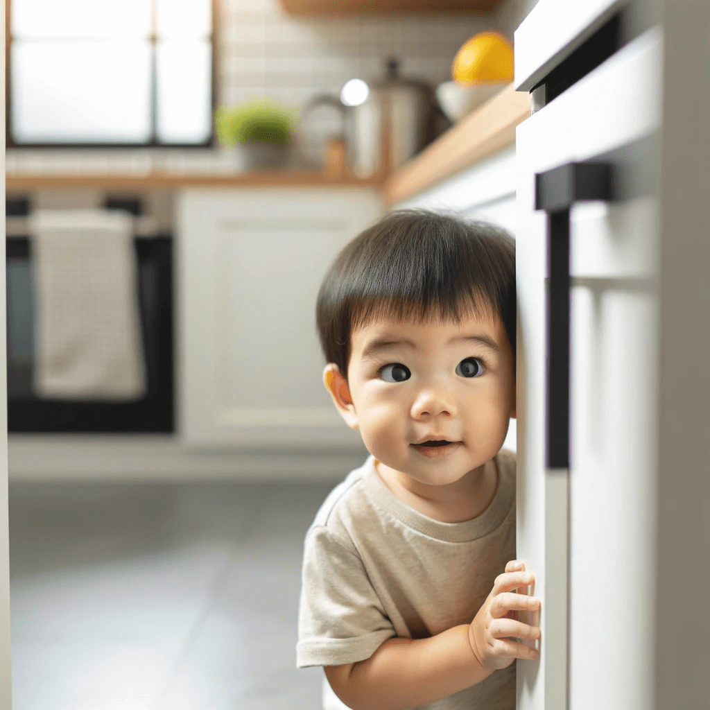 Curious toddler exploring modern kitchen, highlighting baby safety for Babelio products.