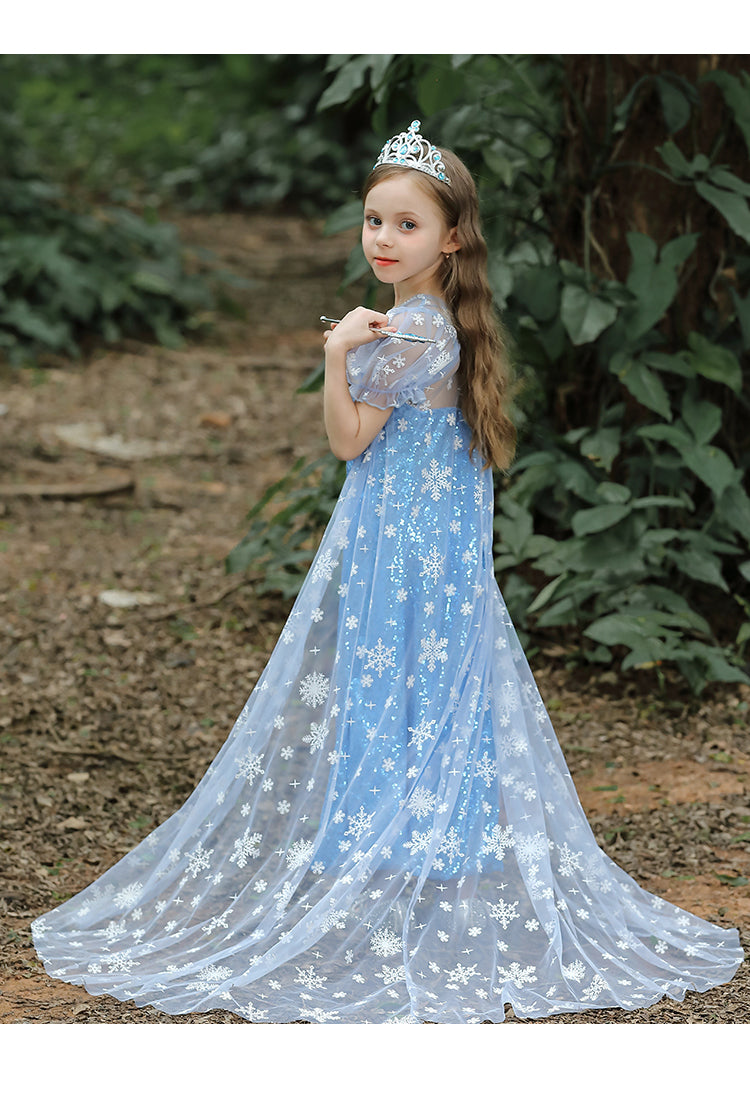 Elsa Princess Dress for Girls — Frozen Blue Sequin Gown with Cape