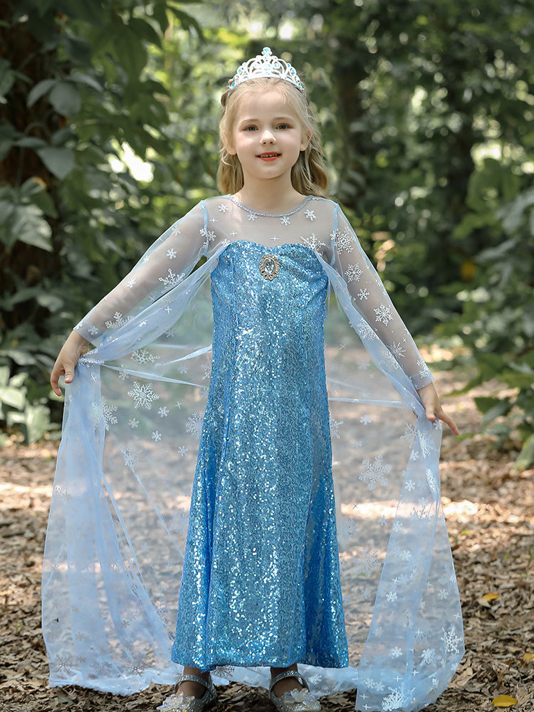 Elsa Princess Dress for Girls — Frozen Blue Sequin Gown with Cape