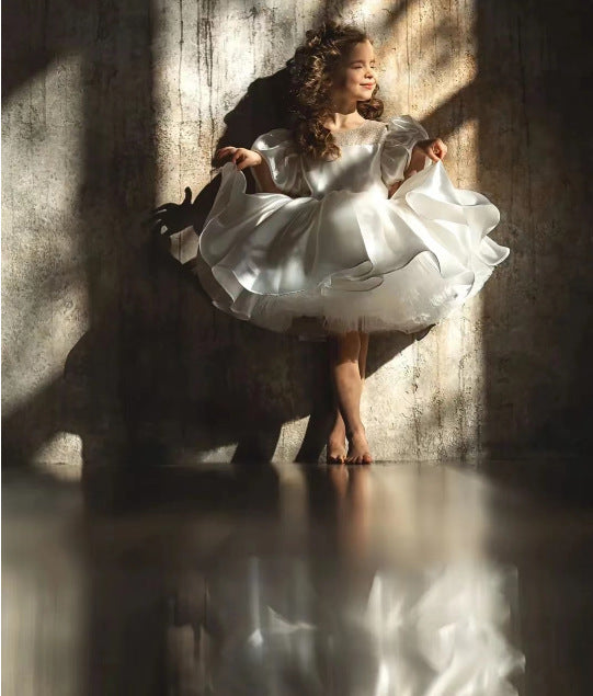 Puffy Flower Girl Dress | Layered Tulle, Short Sleeves, Twirl-Ready