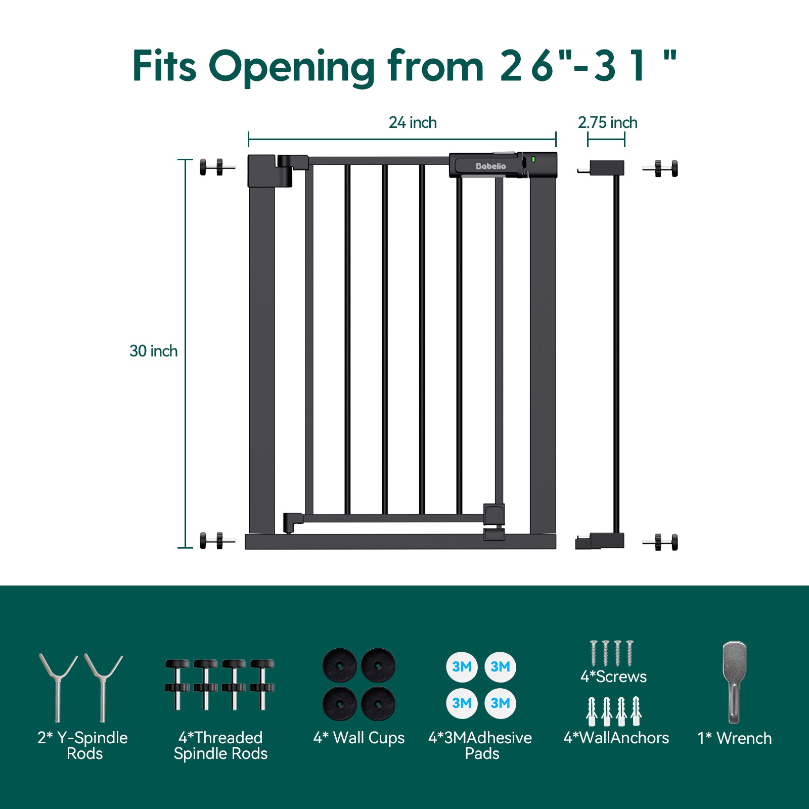 Baby gate with dimensions and installation components on a white background#Color_Black