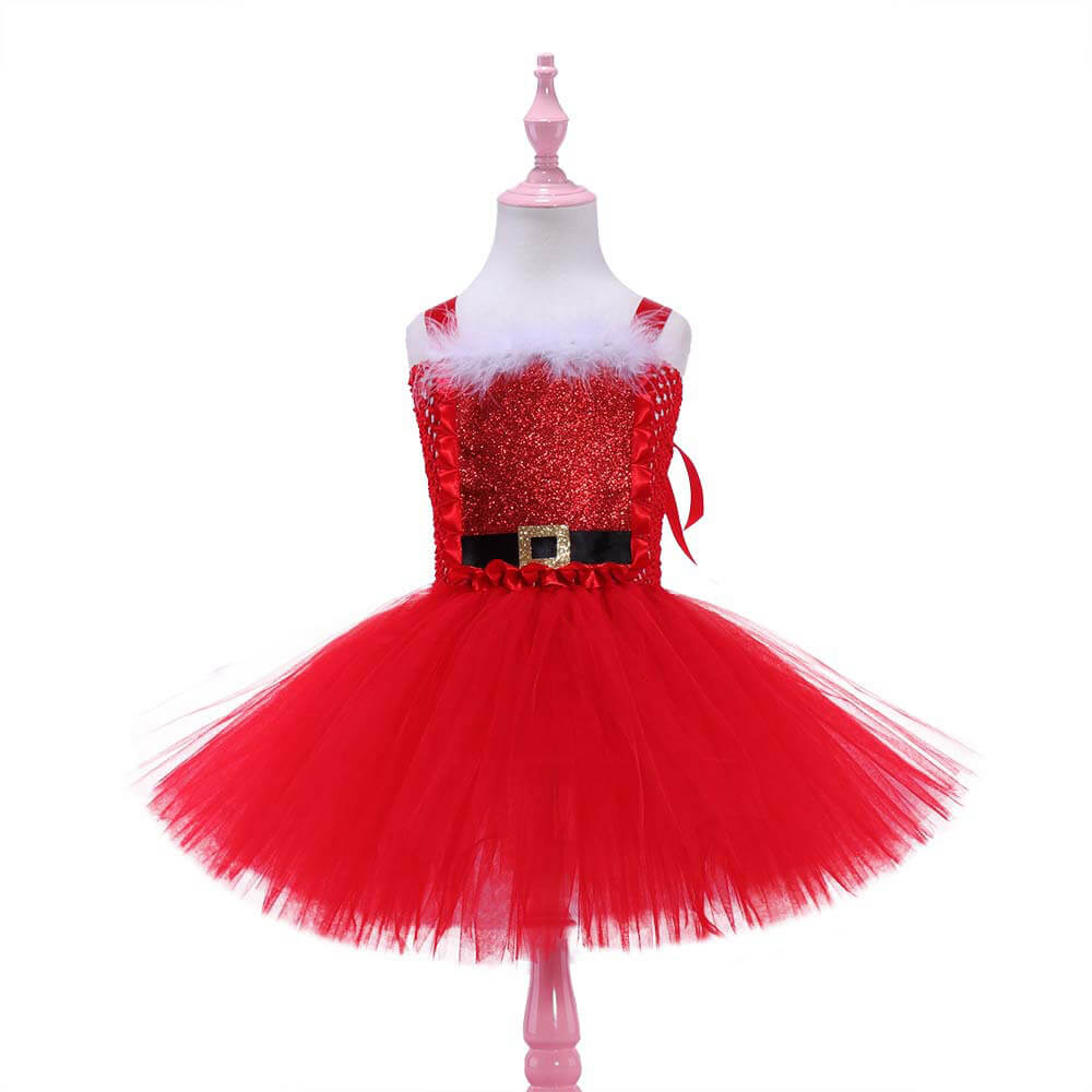 Charming Christmas Tulle Dress for Kids – Festive Red Bunny & Deer Santa Claus Themed Dress