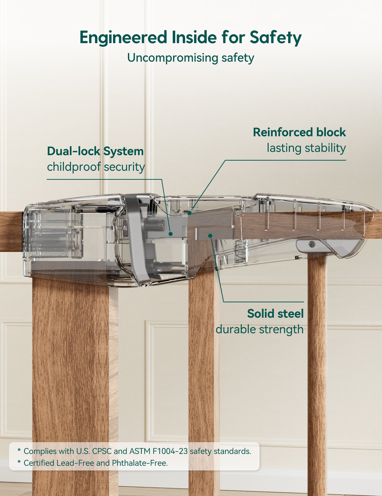 Diagram of a childproof cabinet lock with labeled features on a white background.#Color_Wood Pattern