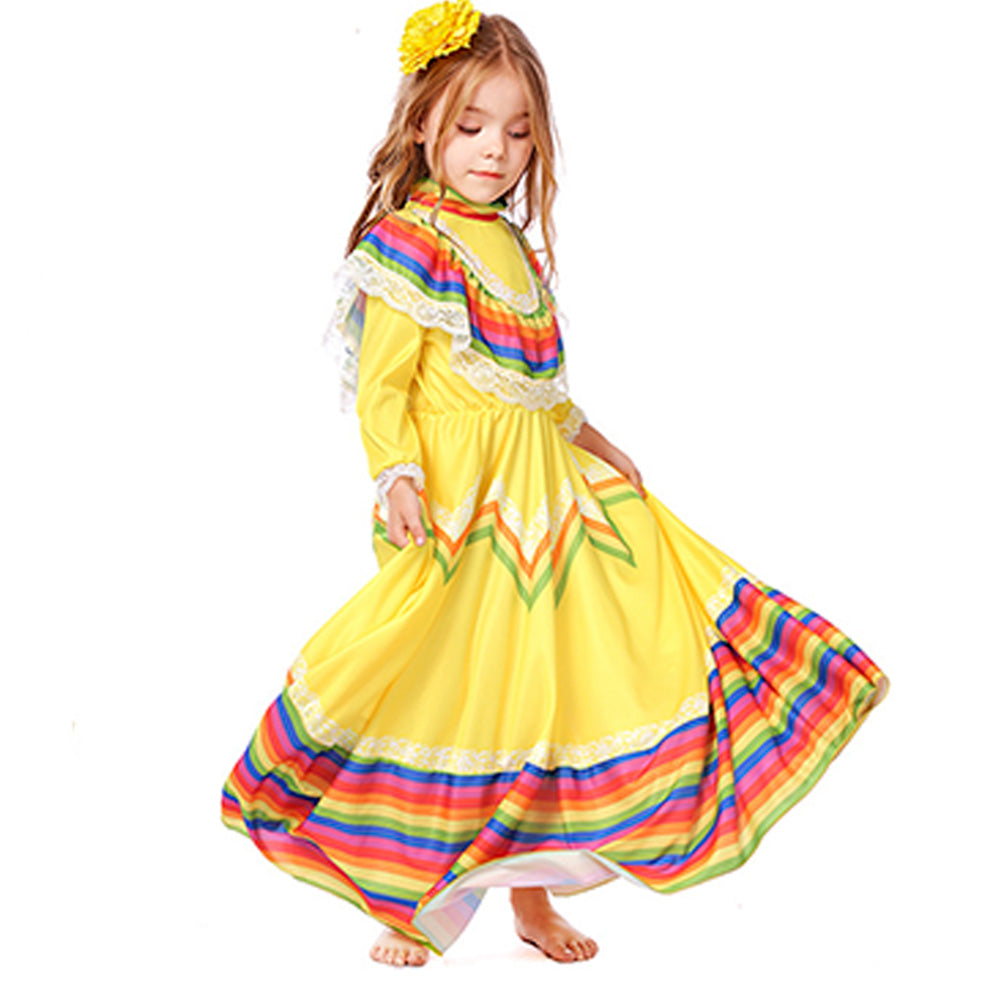 Tiny Cuddling Mexican Folk Dance Dress for Girls - Halloween Costume, School Performance Outfit, Traditional Long Skirt