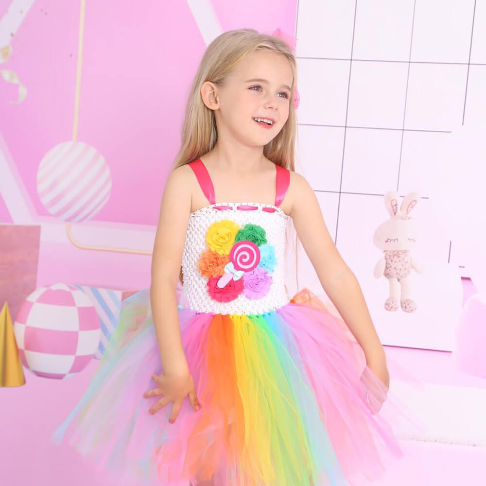 Rainbow Candy Tulle Princess Dress - Vibrant Floral Lollipop Girls' Performance Dress for Children's Day