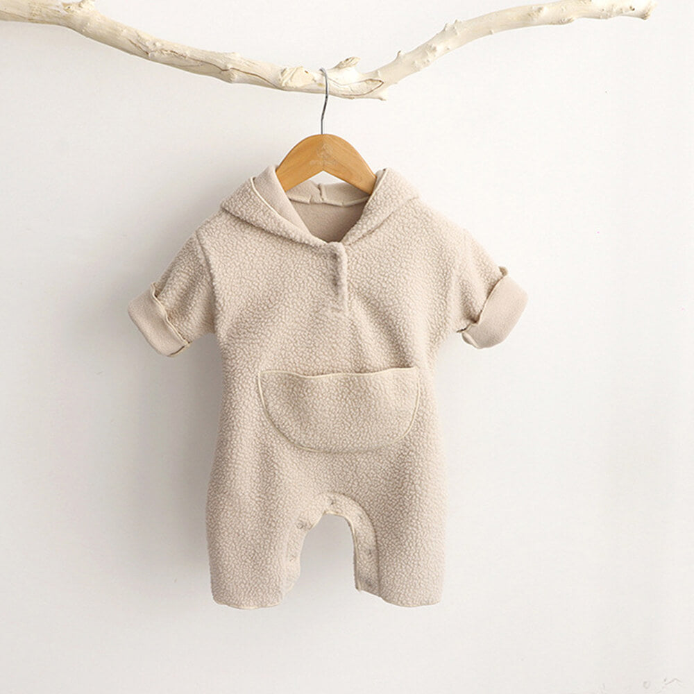Thick Hooded Fleece Baby Romper - Cozy Autumn Onesie with Kangaroo Pocket