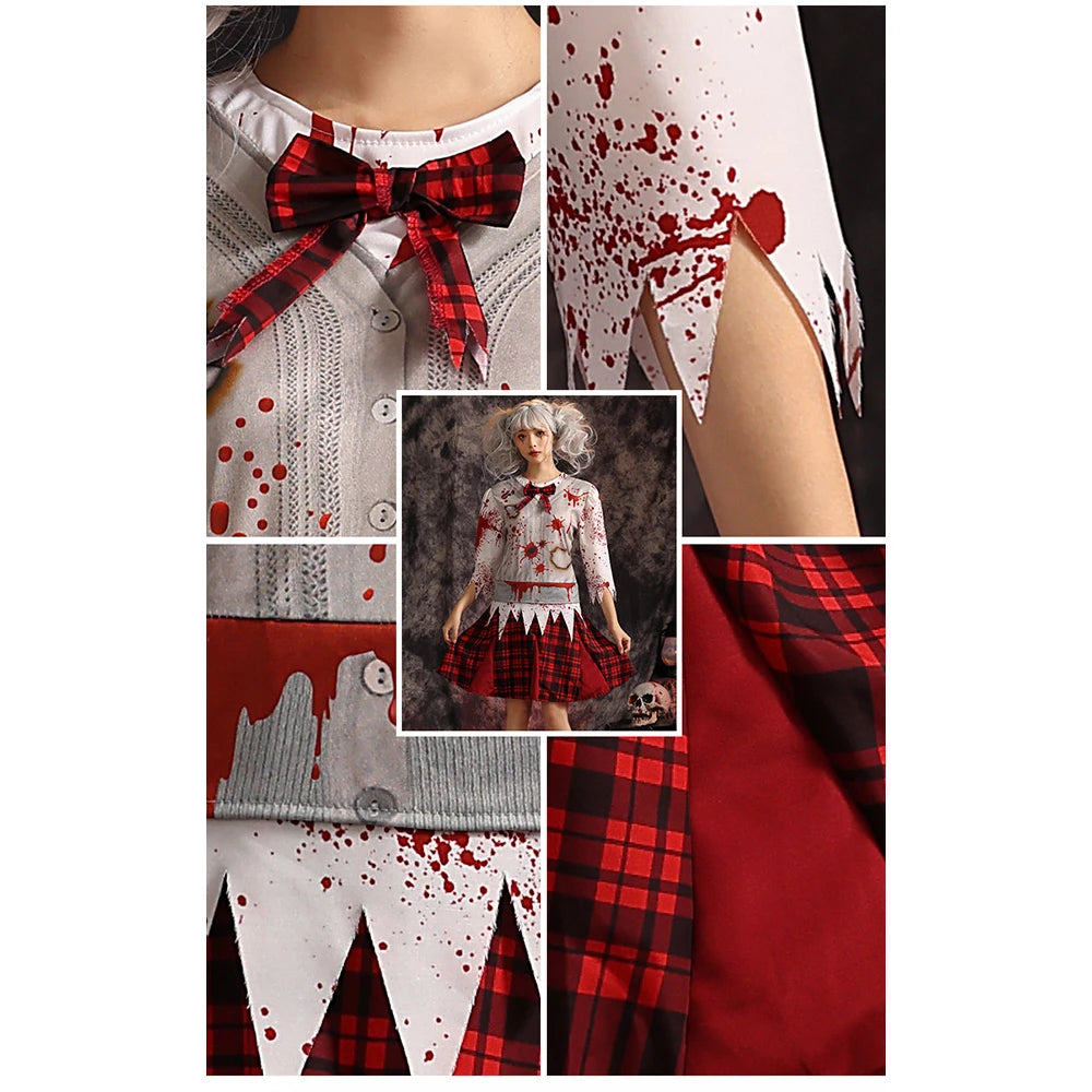 Tiny Cuddling Red Plaid Zombie Bloodstained Costume for Girls | 2024 Halloween Costume