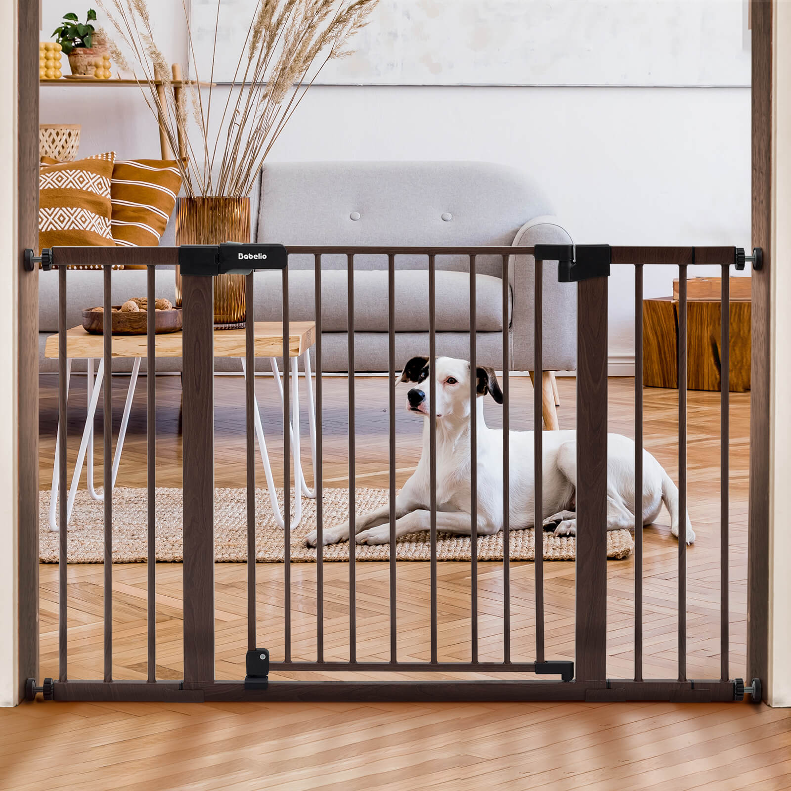 Babelio 30" High Adjustable Metal Baby/Pet Gate with Door – 29-48" Wide, Auto-Close, Wood Pattern, Easy Install