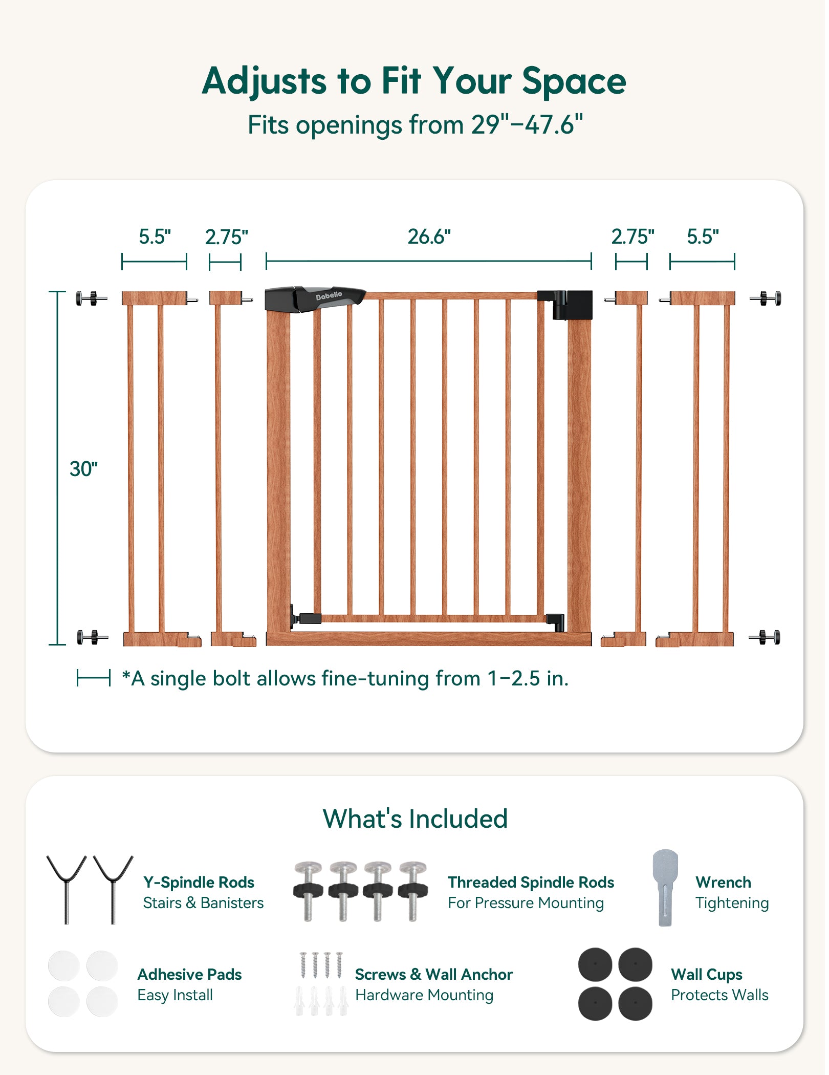 Measurement chart for a adjustable baby gate with dimensions and included components.#Color_Wood Pattern